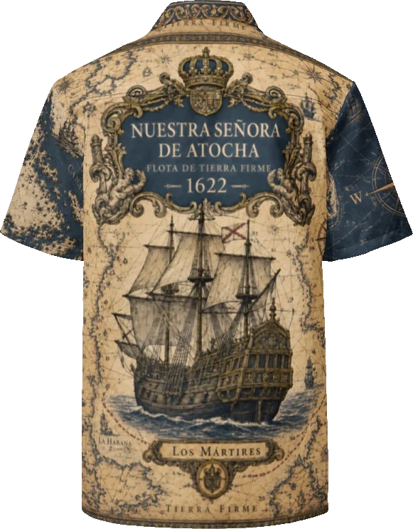 Back of the Portulano Nuestra Señora de Atocha shirt with galleon and cartouche artwork