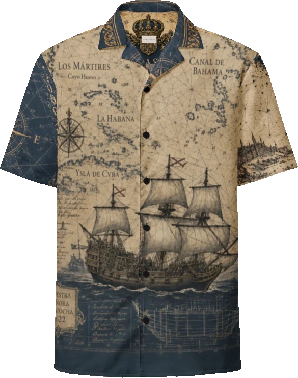 Front of the Portulano Nuestra Señora de Atocha shirt with antique map and ship artwork