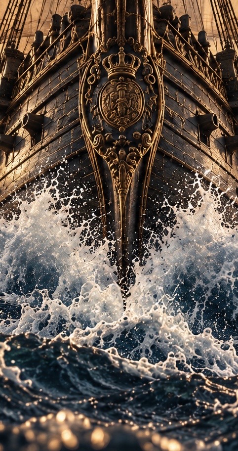 Ornate galleon bow cutting through sea foam