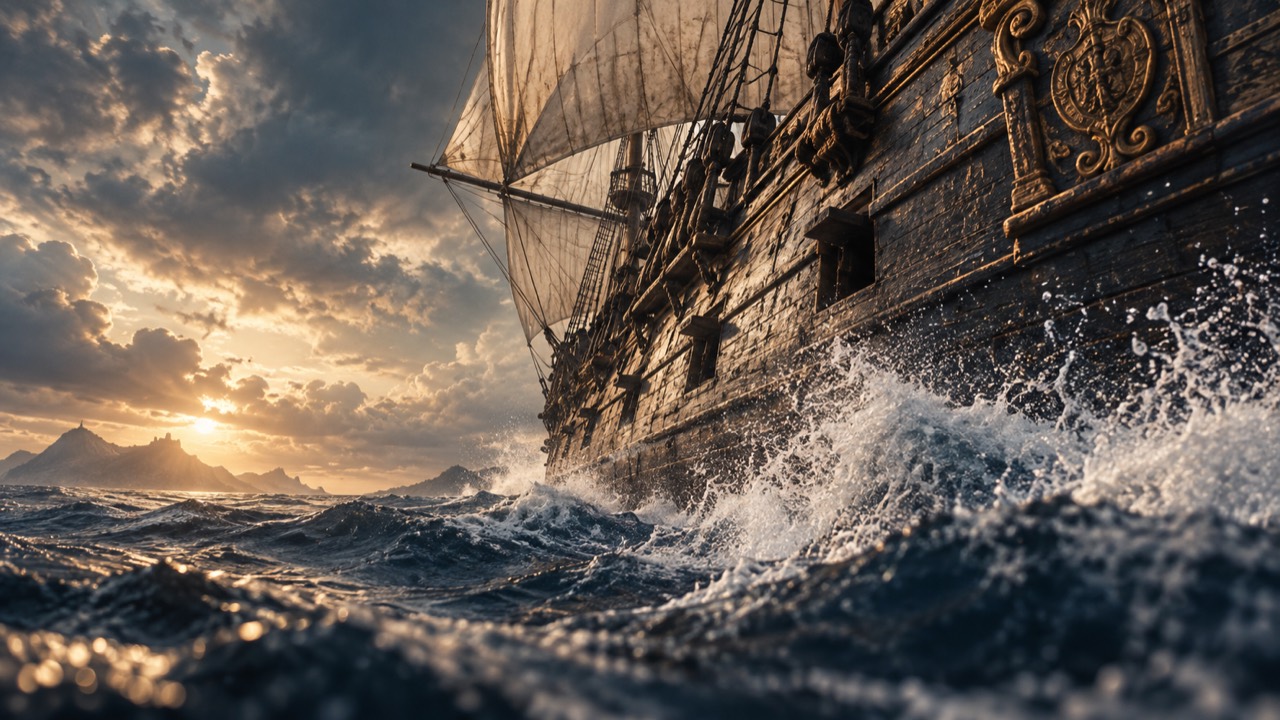 A gilded sailing ship driving through waves at sunset