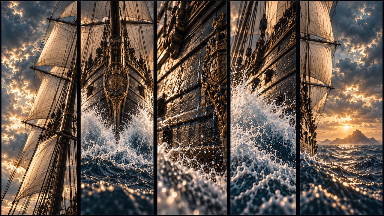 Five-panel cinematic sailing ship collage
